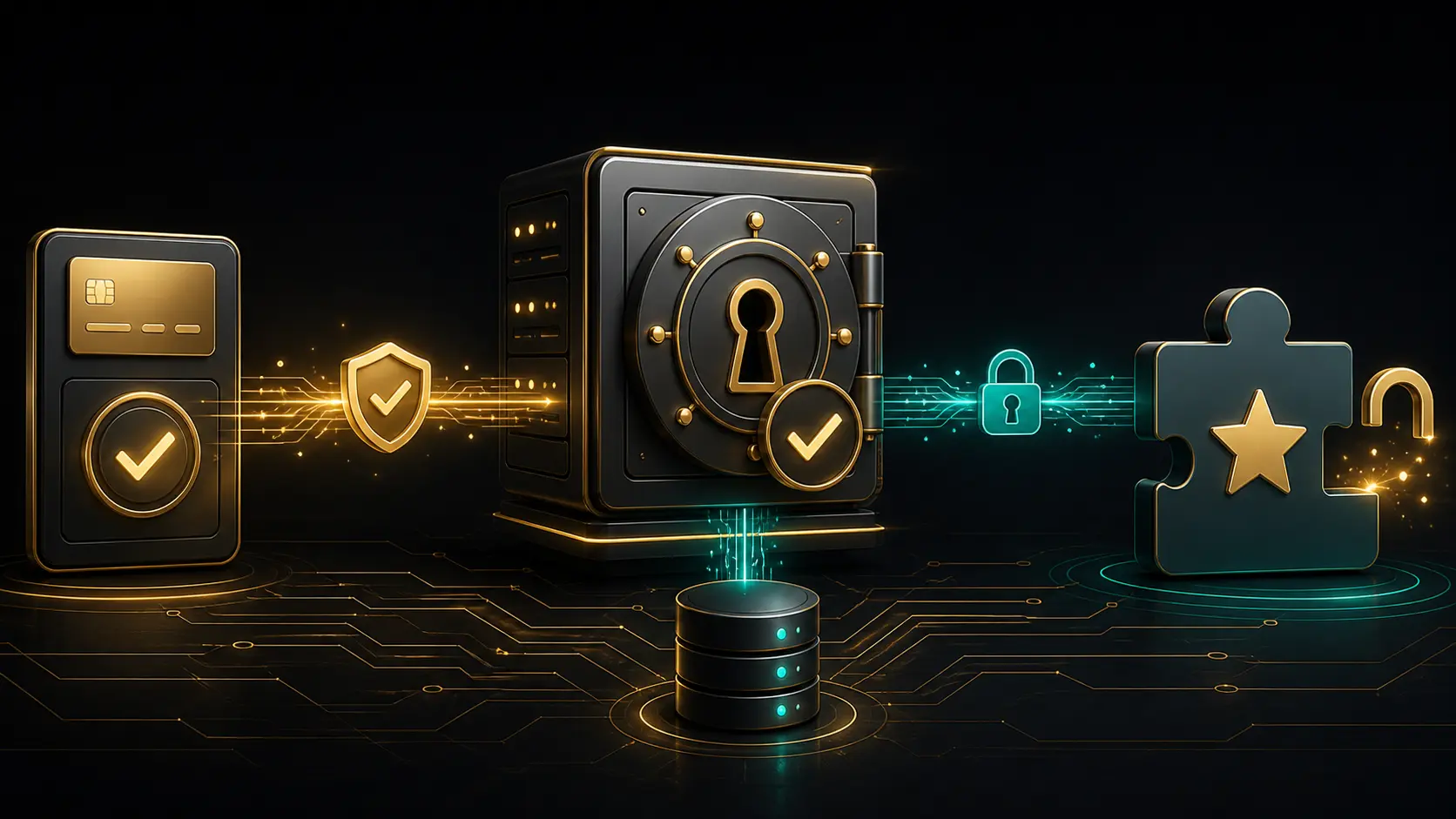 Secure webhook verification: credit card, vault with checkmark, and unlocked Chrome extension premium feature connected by encrypted streams