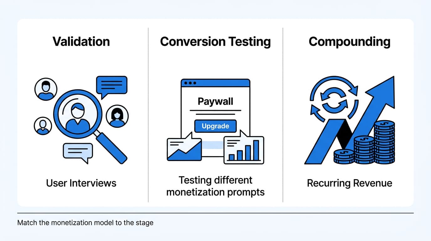 Three-stage diagram matching the monetization model to the extension's stage: Validation through user interviews, Conversion Testing with paywall experiments, and Compounding recurring revenue.