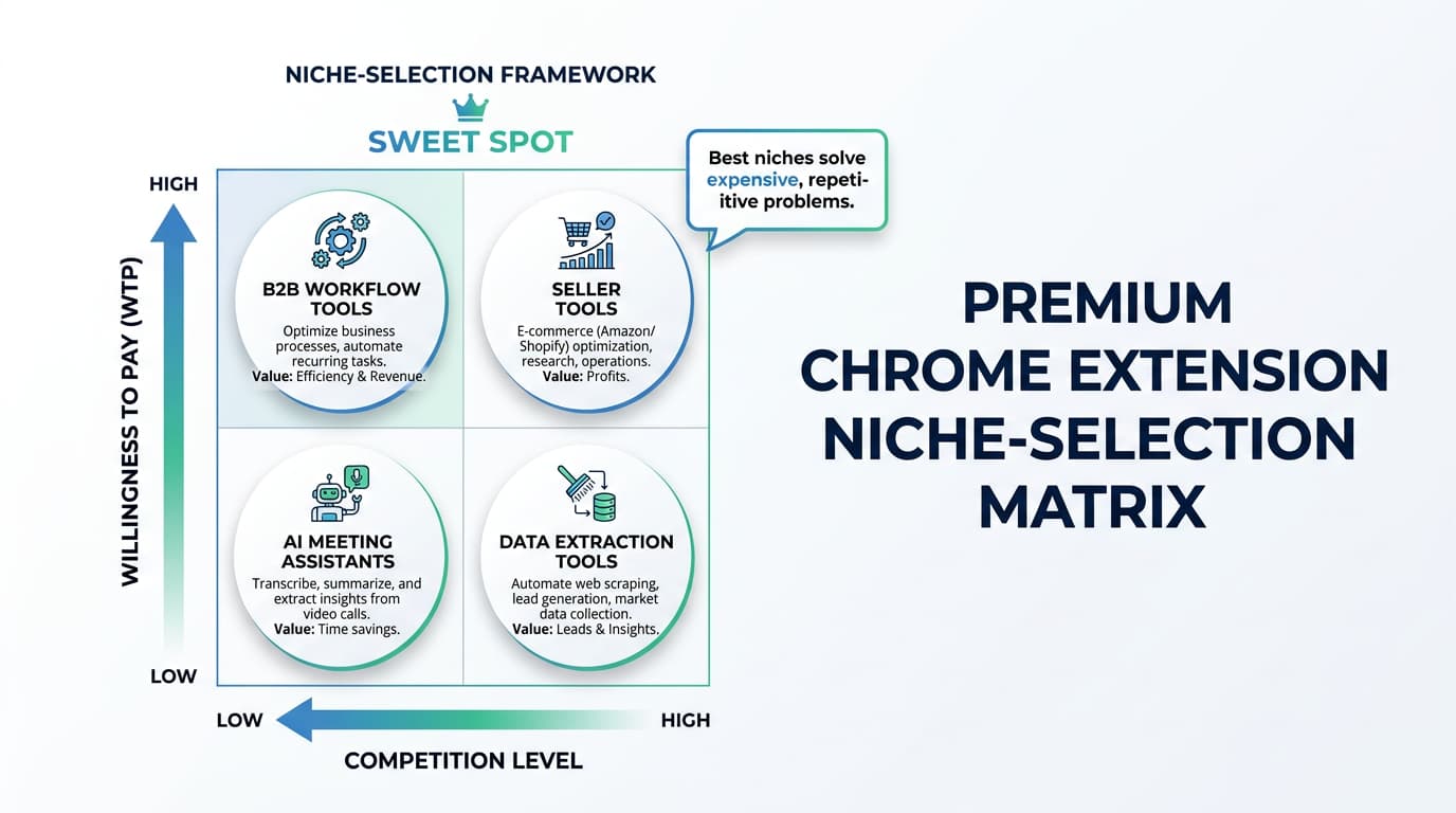 Premium Chrome extension niche-selection matrix plotting willingness to pay against competition level, with B2B workflow tools and seller tools as the sweet spot