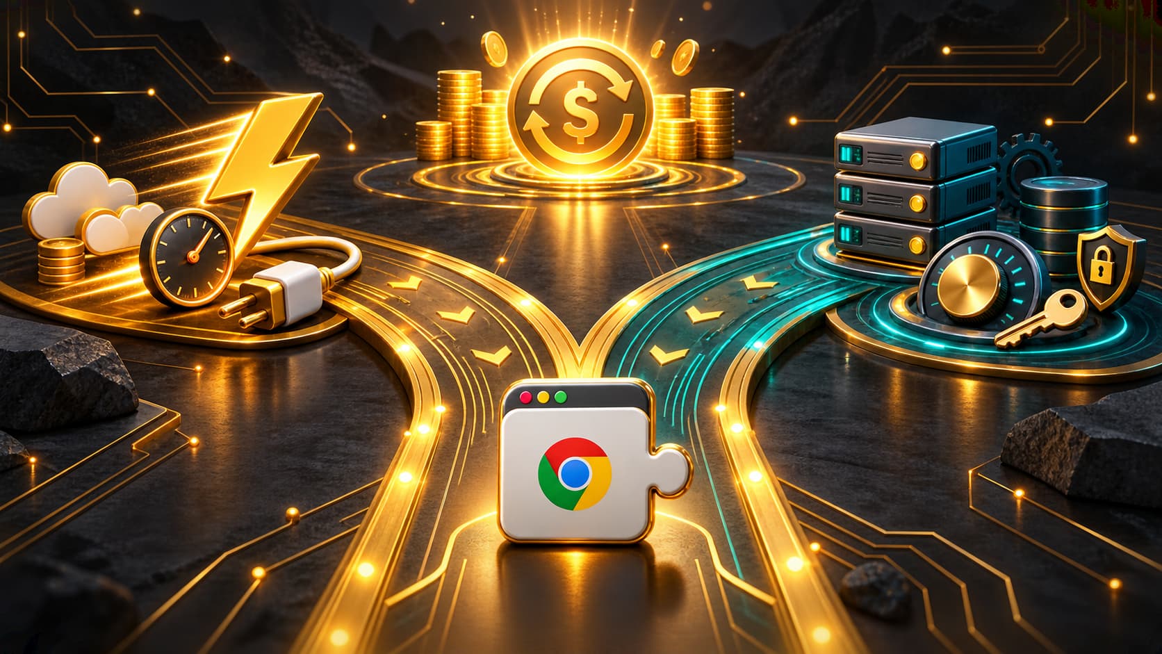 Two roads from a Chrome extension: fast ExtensionPay setup on the left, self-hosted Stripe backend with servers and security on the right