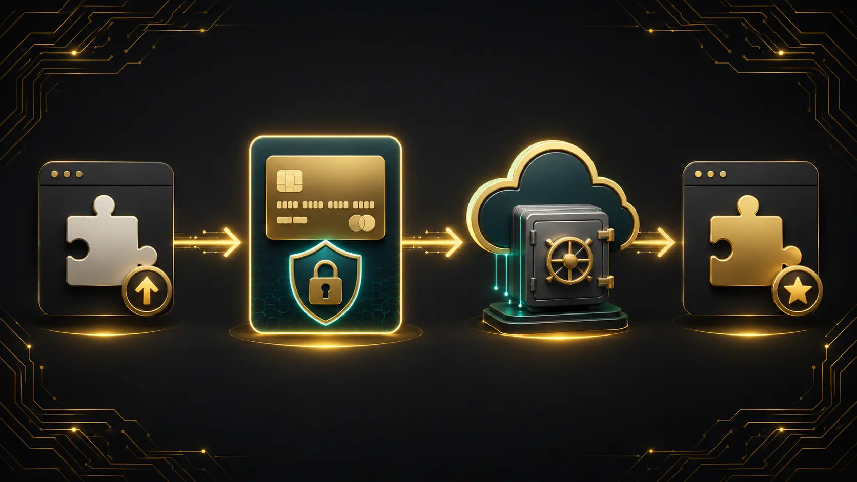 Chrome extension payment flow: upload extension, secure Stripe card payment, cloud vault backend, unlocked premium extension