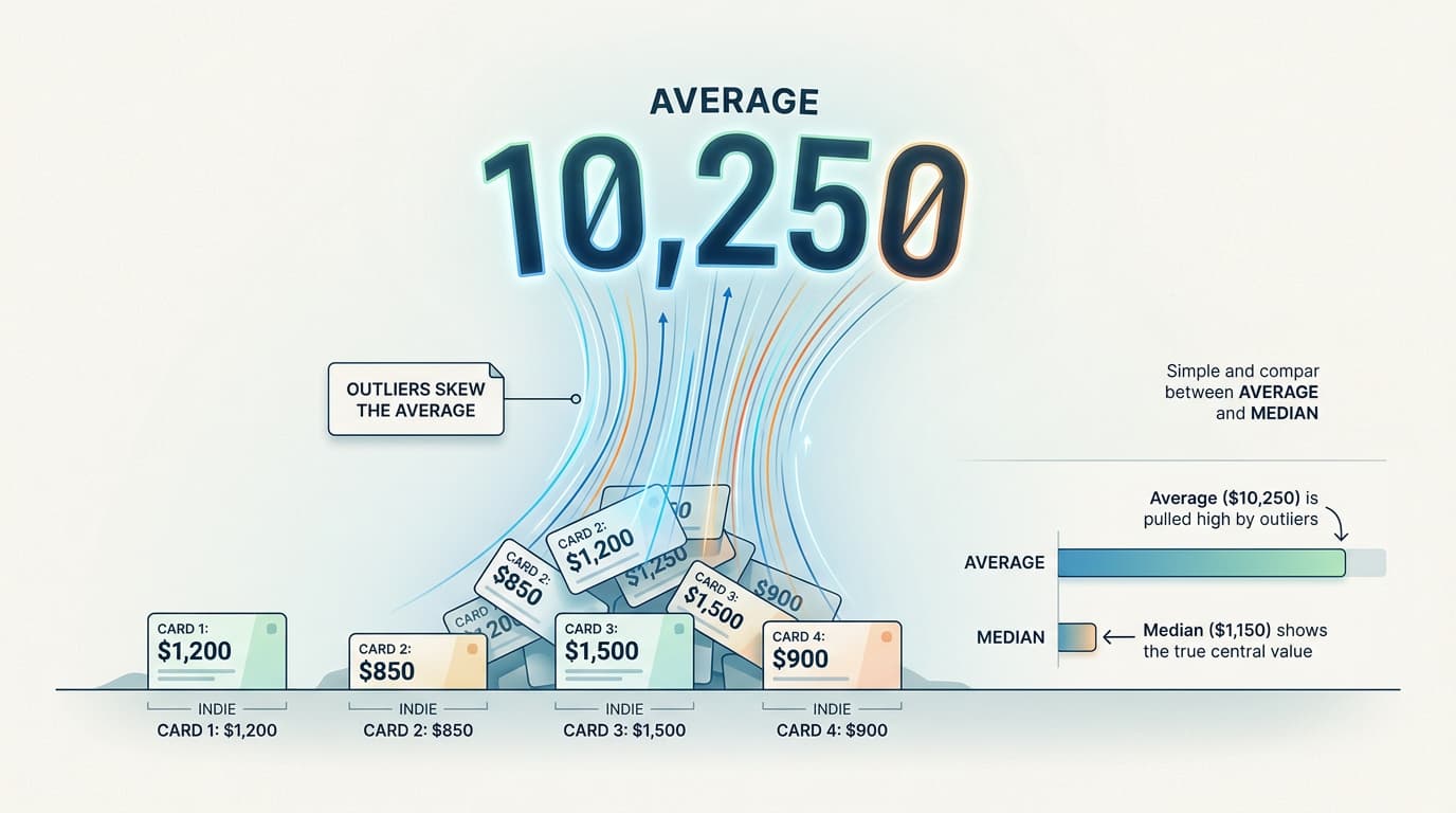 Illustration showing how a handful of high-revenue outliers skew the average Chrome extension revenue to $10,250, while the median tells the true central story of typical indie maker earnings.