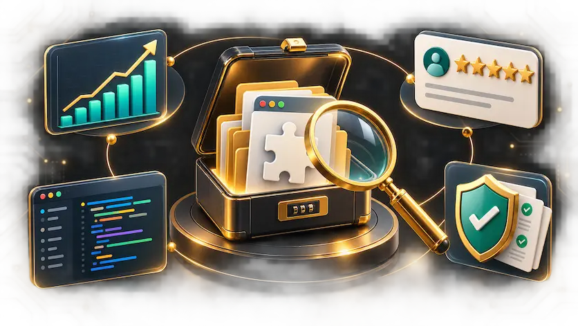 3D illustration comparing Chrome extension marketplaces: a briefcase of extension files surrounded by growth charts, code review, user ratings, and security shields