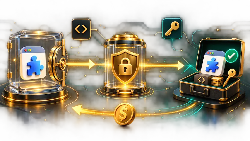 3D illustration of a secure Chrome extension ownership transfer: a puzzle-piece extension moves through a locked vault into a buyer briefcase with verified code and keys