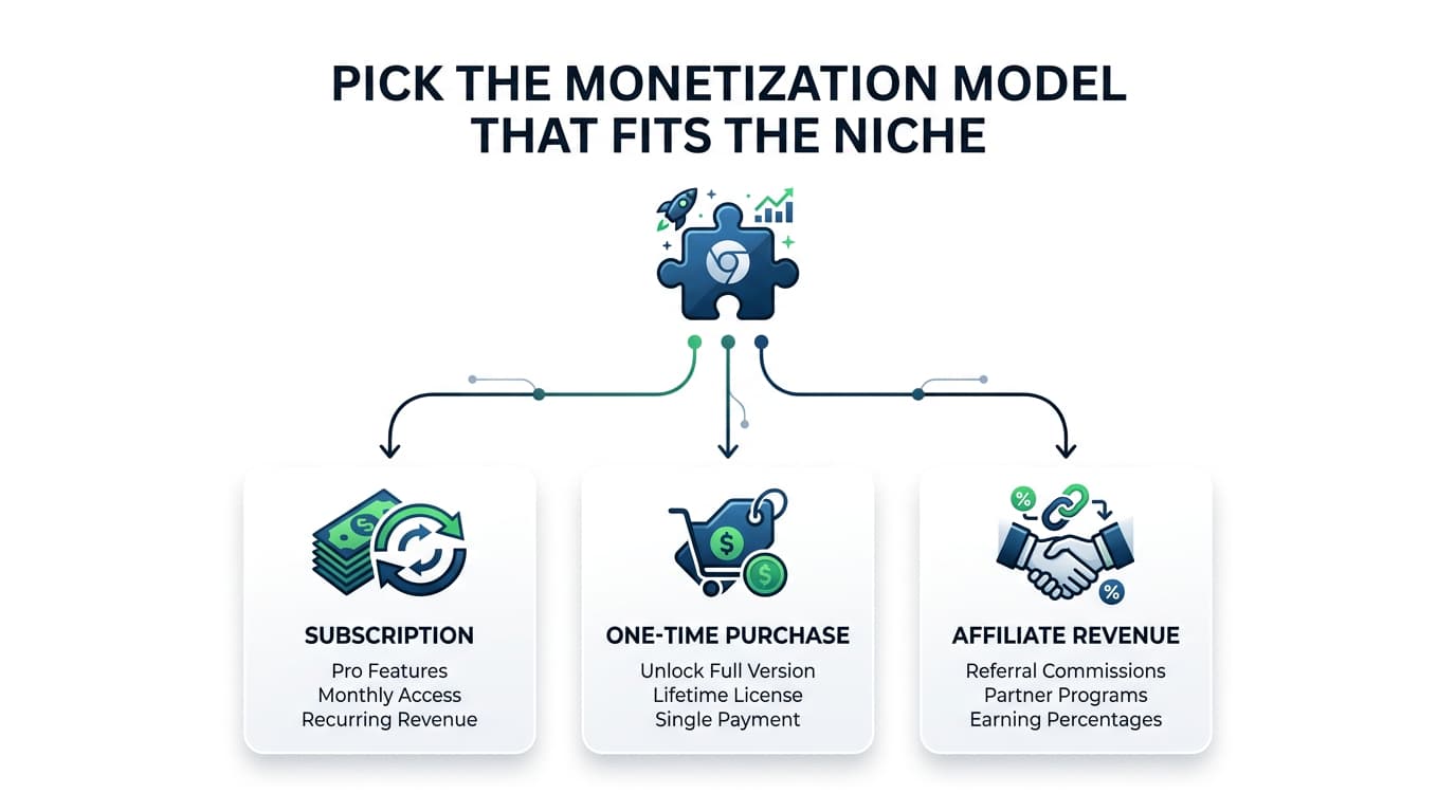 Pick the Chrome extension monetization model that fits the niche: subscription for recurring revenue, one-time purchase for lifetime access, or affiliate revenue via referral commissions