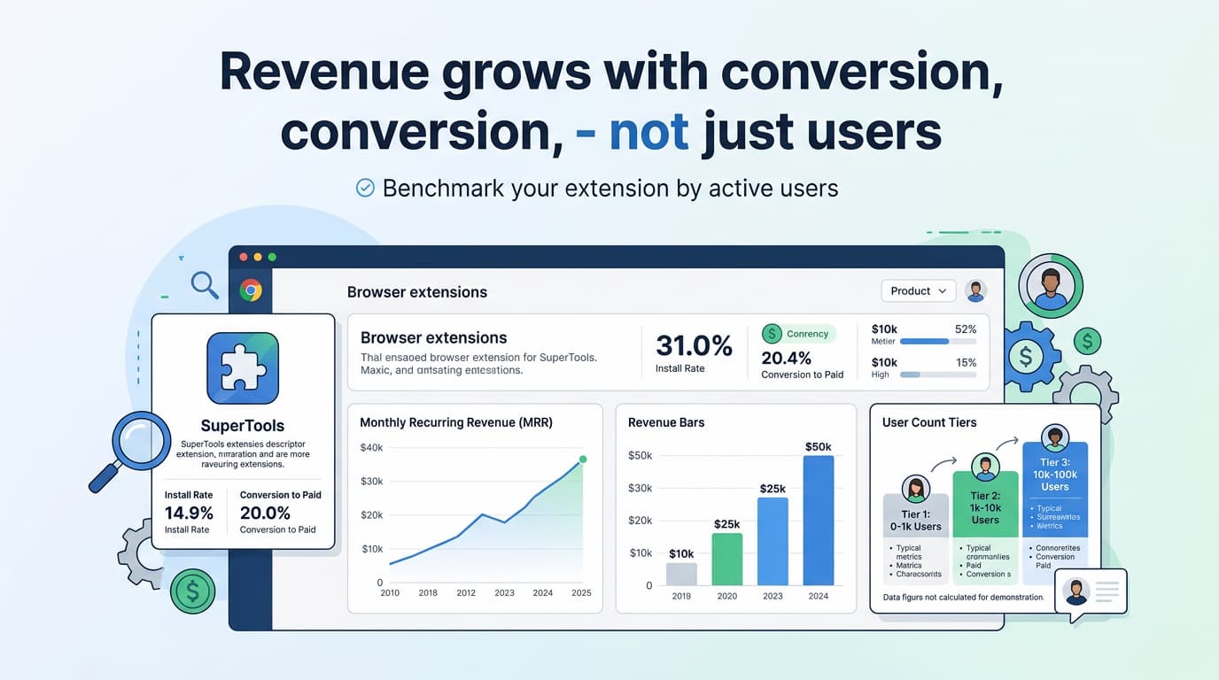 Dashboard mockup illustrating that Chrome extension revenue grows with conversion rate improvements, not just user count — showing install rate, conversion-to-paid, MRR curve, and user count tiers.