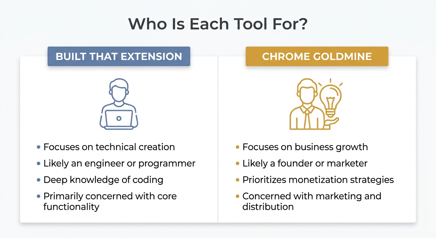 Who is each tool for — Built That Extension suits pure developers, Chrome Goldmine suits founders and builders focused on monetization