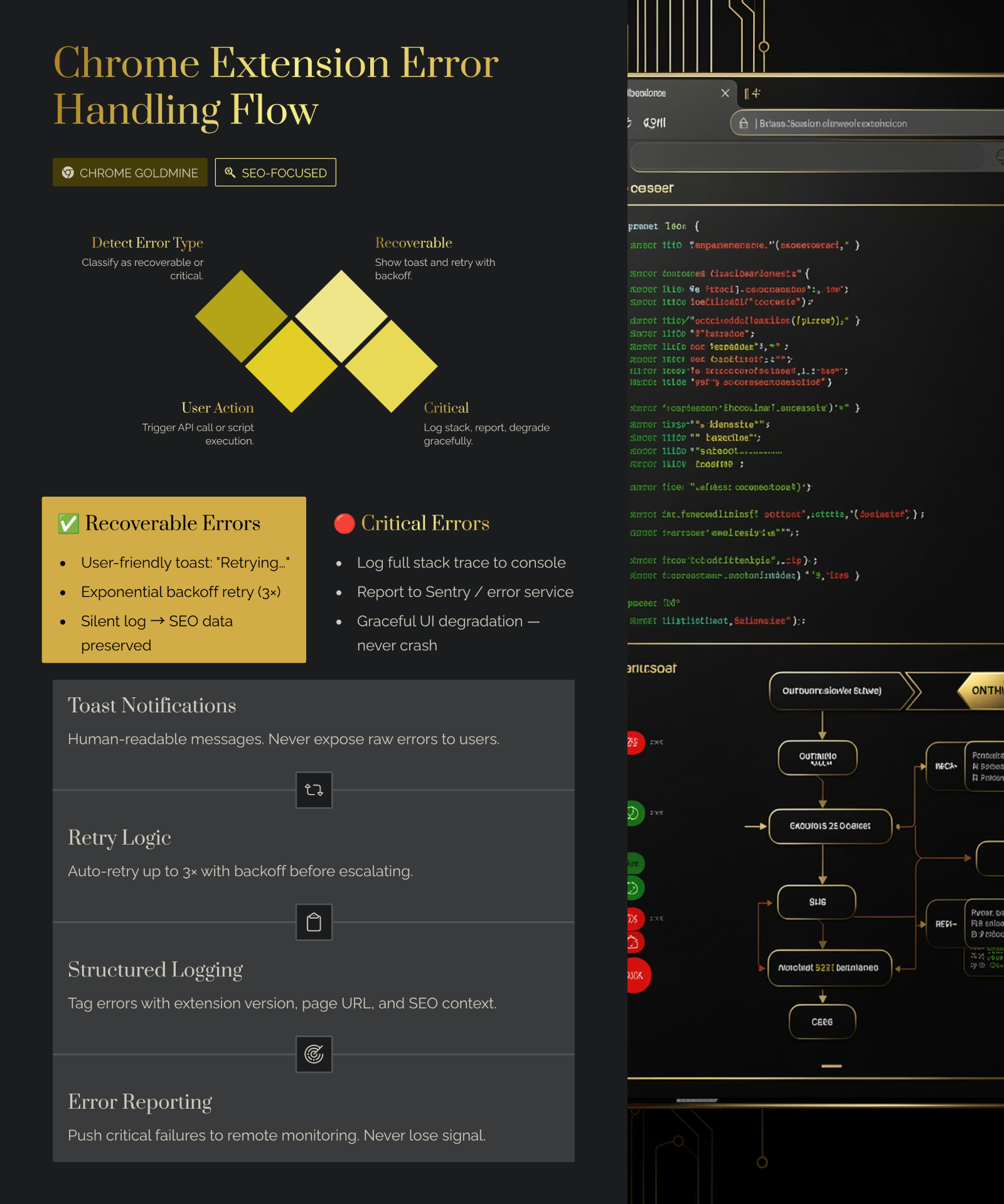 Chrome extension error handling flow — classify errors as recoverable (toast + exponential backoff retry) vs critical (full stack trace, Sentry reporting, graceful UI degradation), with structured logging tagged by extension version and page URL.
