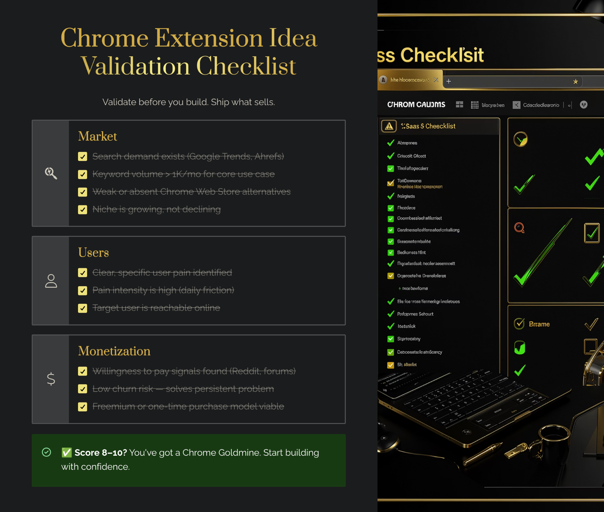 Chrome extension idea validation checklist — score your concept across three pillars: Market (search demand, keyword volume above 1K/month, weak alternatives, growing niche), Users (clear pain, high intensity, reachable online), and Monetization (willingness to pay, low churn, freemium viable). Score 8–10 = green light to build.