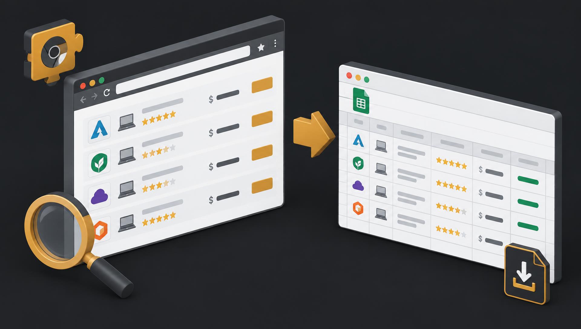 Browser-to-spreadsheet illustration showing a vendor list, structured comparison rows and a CSV export icon