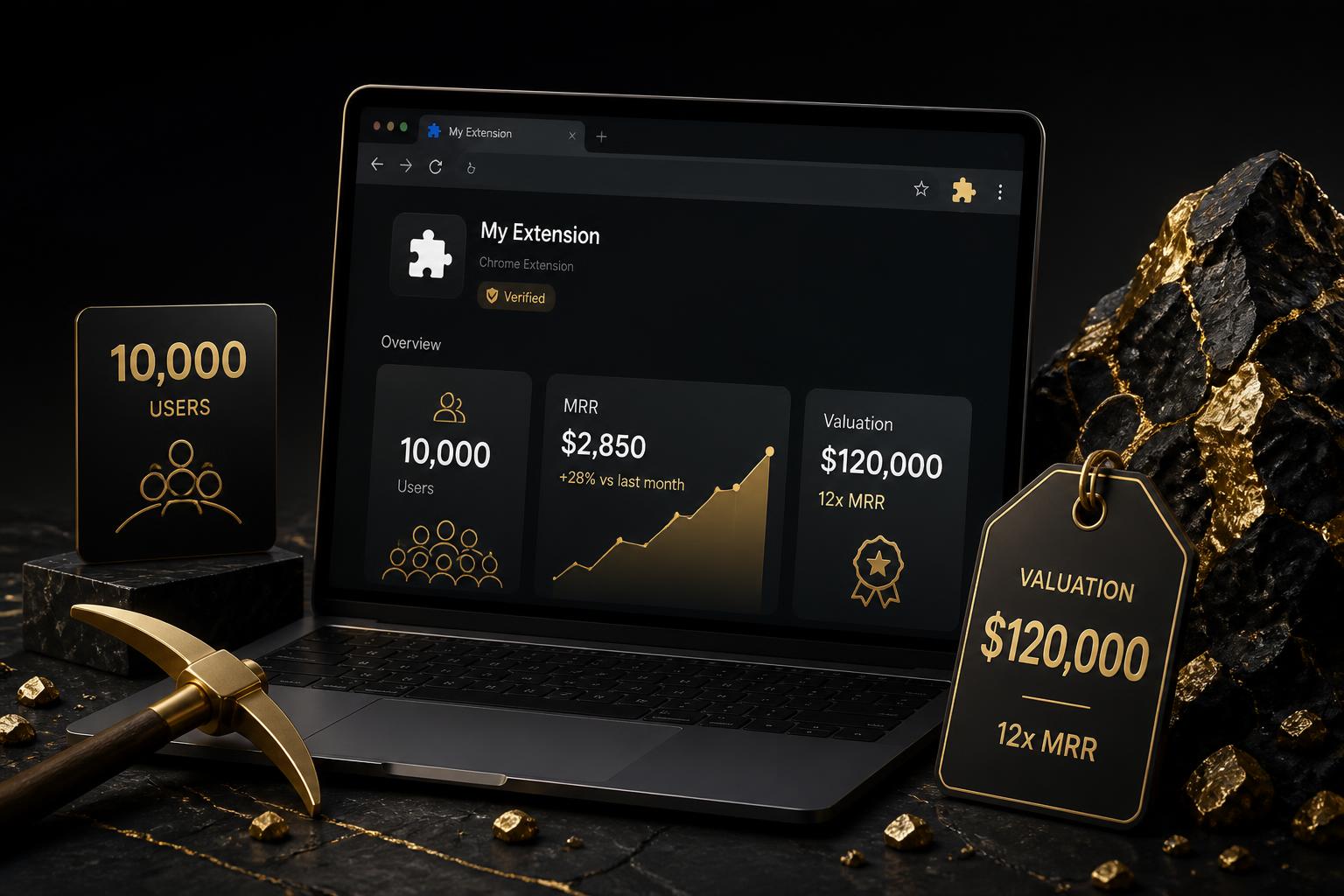 Laptop showing a Chrome extension being appraised as a digital asset, with a 10,000-user metric, an MRR revenue chart and a valuation price tag beside gold ore