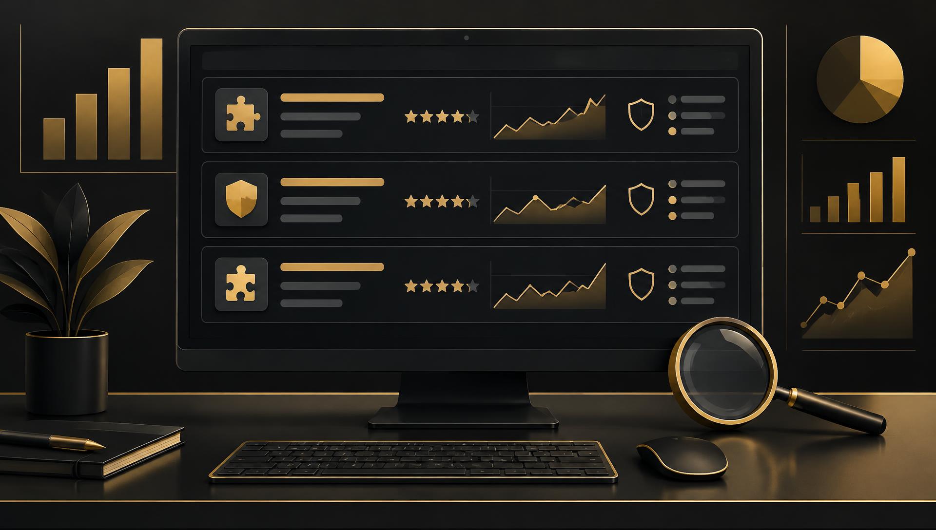 Illustrated Chrome extension analytics dashboard with user-trend charts, review stars, permission shields and a magnifying glass