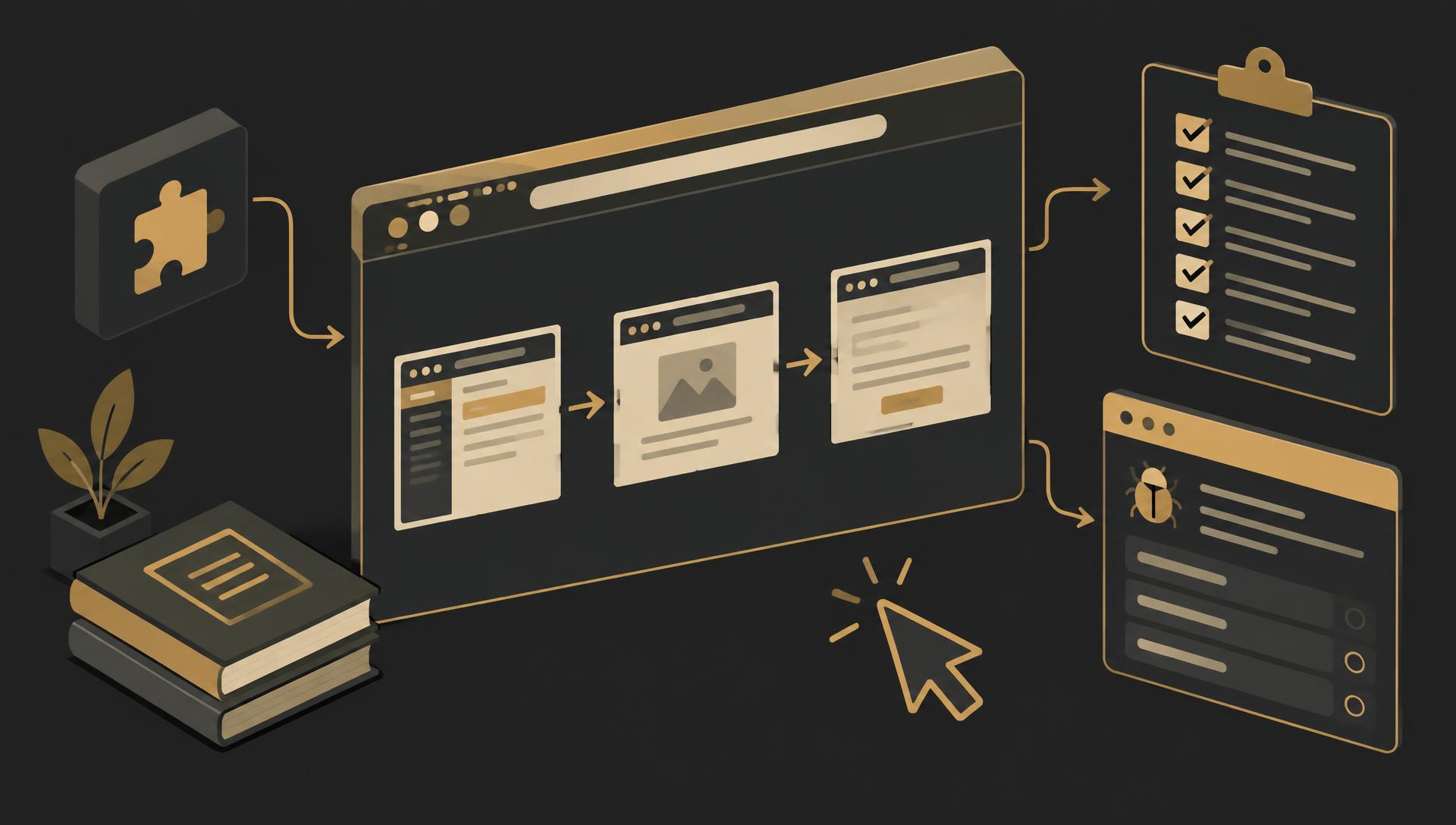Browser documentation illustration with sequential screenshot steps, a manual QA checklist, a cursor and a bug-report card