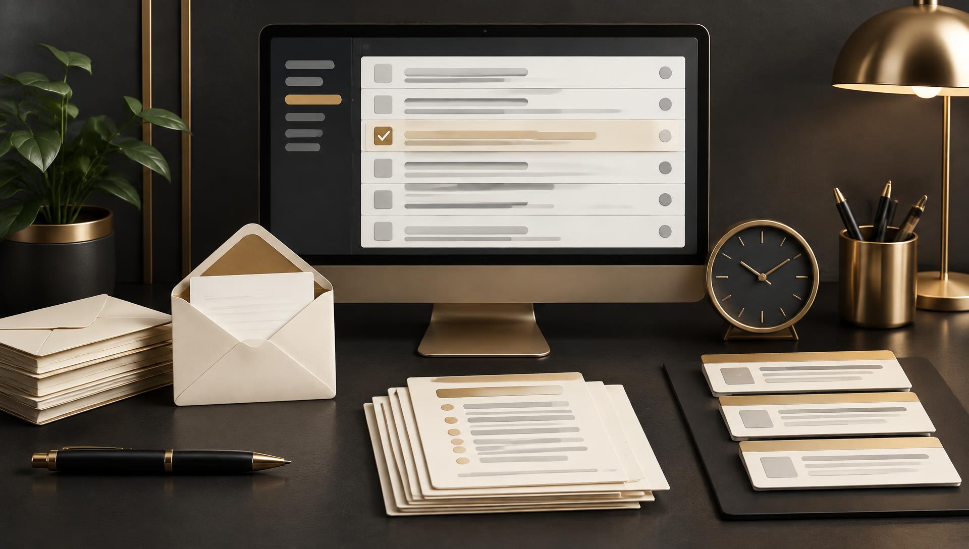 Illustrated Gmail productivity inbox with follow-up checkmark, clock and reusable email template sheets