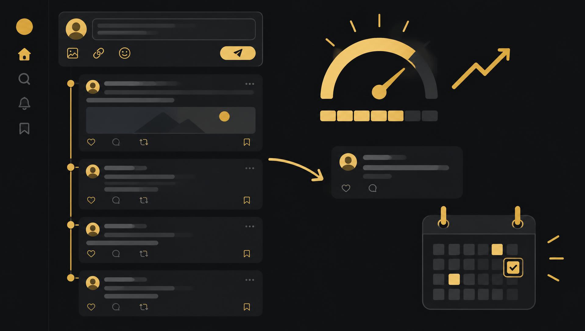 X creator extension illustration showing a social feed with a compose box, a hook score meter, a thread of connected posts and a scheduling calendar