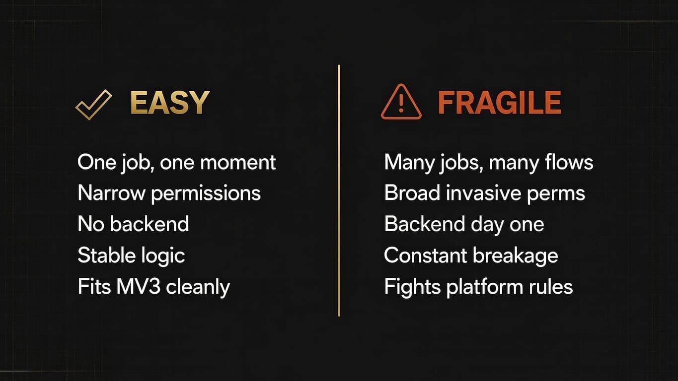 Easy vs fragile Chrome extension ideas — a side-by-side comparison of the traits that make an extension idea simple to ship versus painful to maintain.