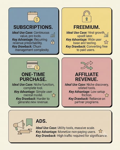 Five core Chrome extension monetization models compared: subscriptions, freemium, one-time purchase, affiliate revenue, and ads — each with ideal use case, key advantage, and key drawback.