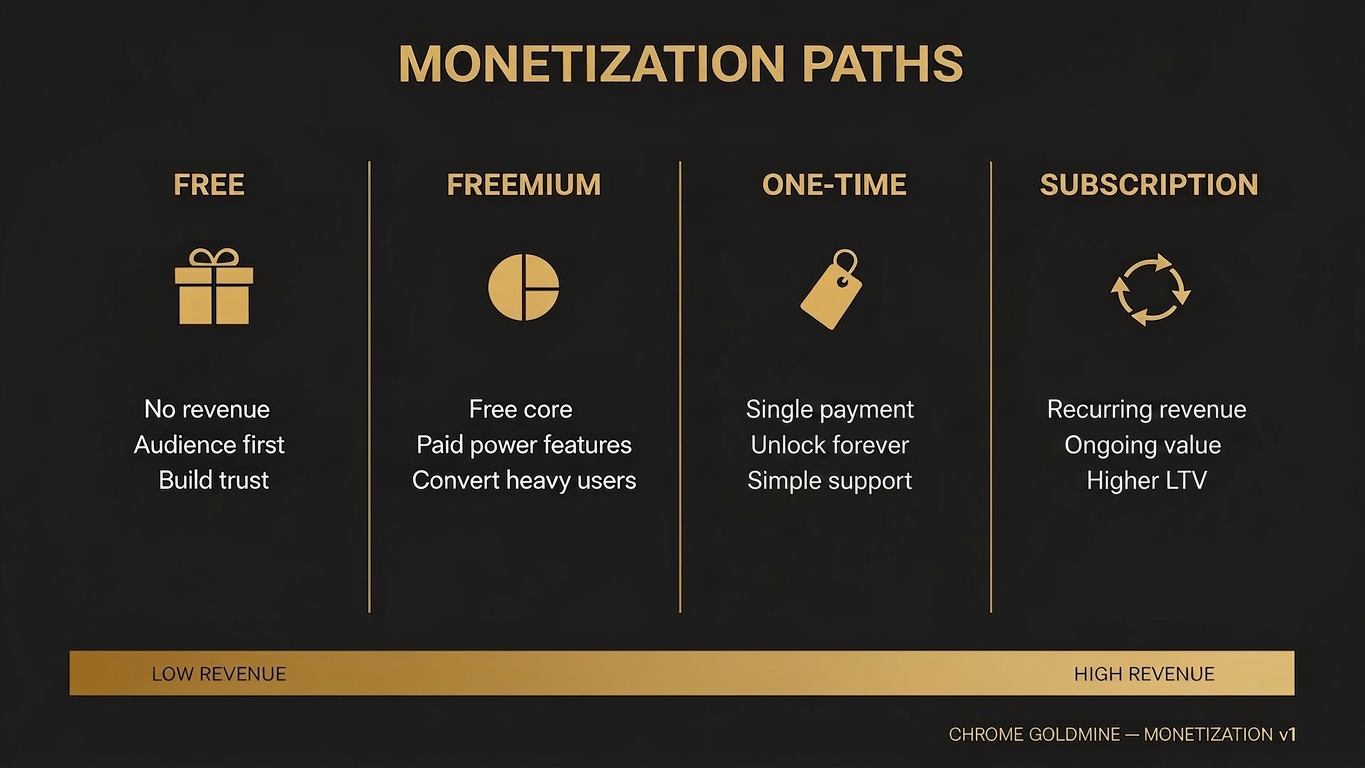 Chrome extension monetization paths — a side-by-side comparison of free, freemium, one-time, and subscription models on a low-to-high revenue spectrum.