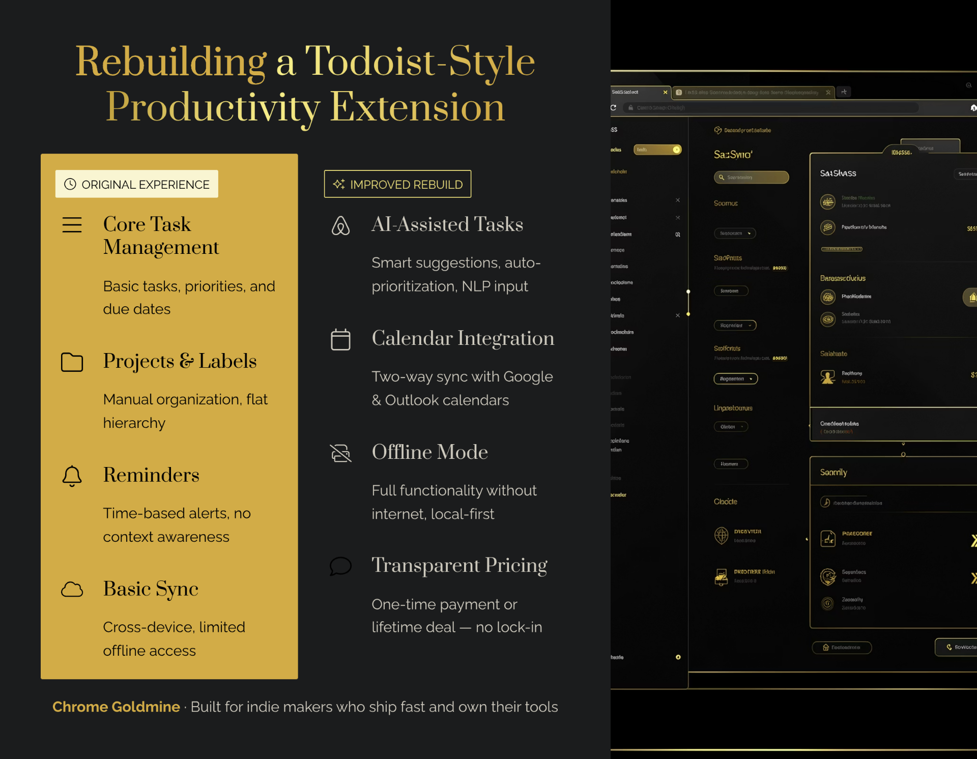 Rebuilding a Todoist-style productivity Chrome extension — comparison of the original experience (core task management, projects & labels, basic reminders, basic sync) versus the improved rebuild (AI-assisted tasks with NLP input, two-way Google + Outlook calendar sync, offline-first mode, transparent one-time pricing).