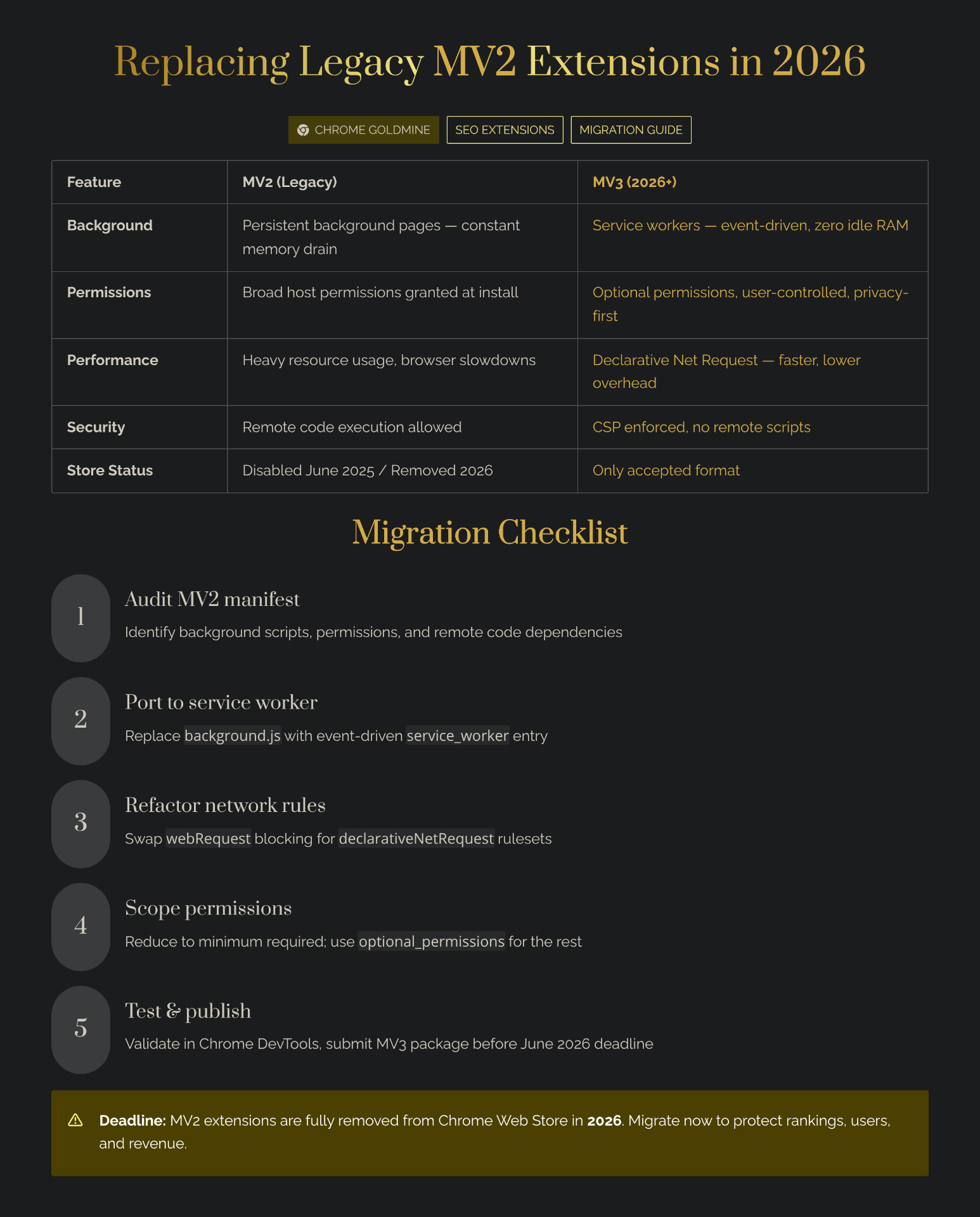 Replacing legacy Manifest V2 extensions in 2026 — a side-by-side comparison of MV2 versus MV3 covering background pages versus service workers, host permissions, performance, security, and Chrome Web Store status, plus a five-step migration checklist.