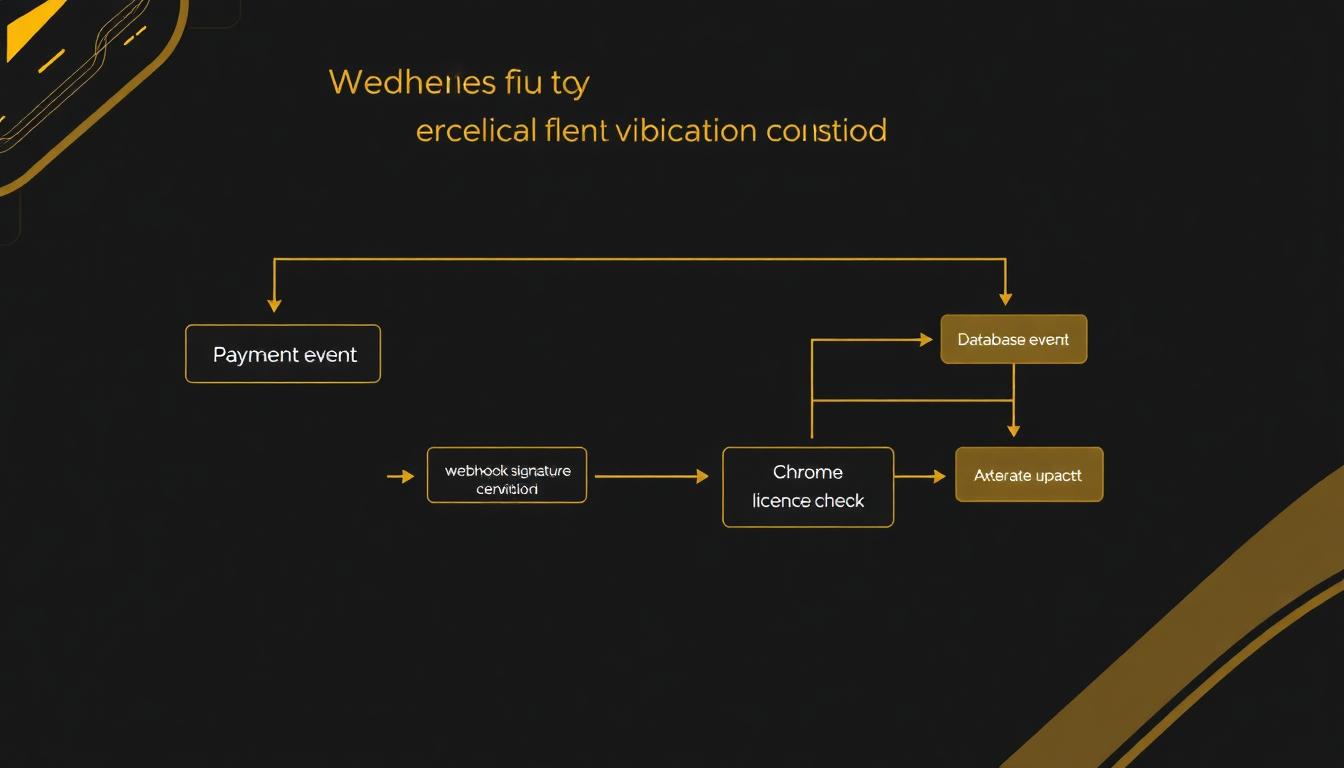 Flowchart showing webhook verification and licence flag update in a Chrome extension backend