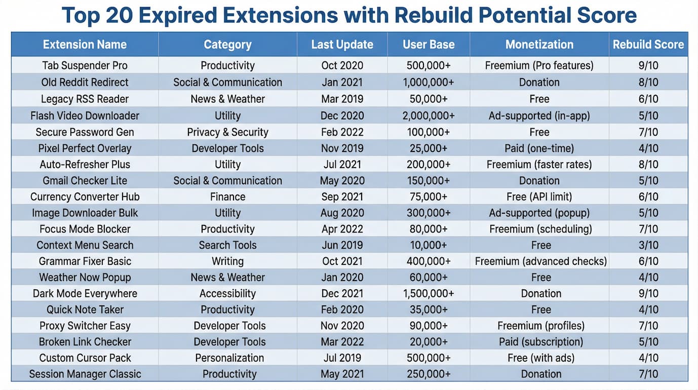 Table showing Top 20 expired extensions with rebuild potential scores including user base, category, and monetization model