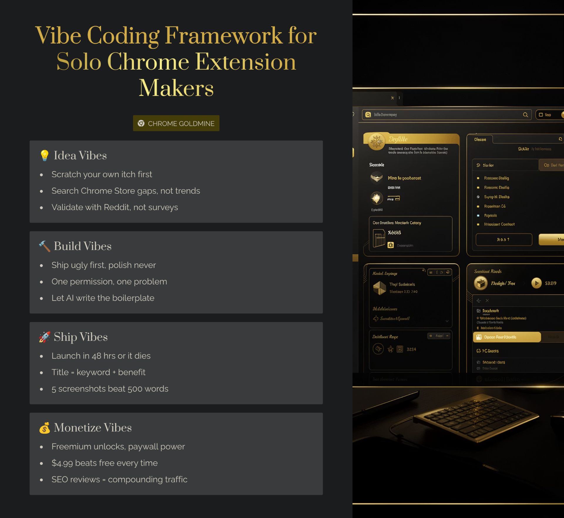 Vibe coding framework for solo Chrome extension makers — four phases covering Idea Vibes, Build Vibes, Ship Vibes, and Monetize Vibes, with the core principles indie hackers use to launch profitable Chrome extensions in 48 hours.